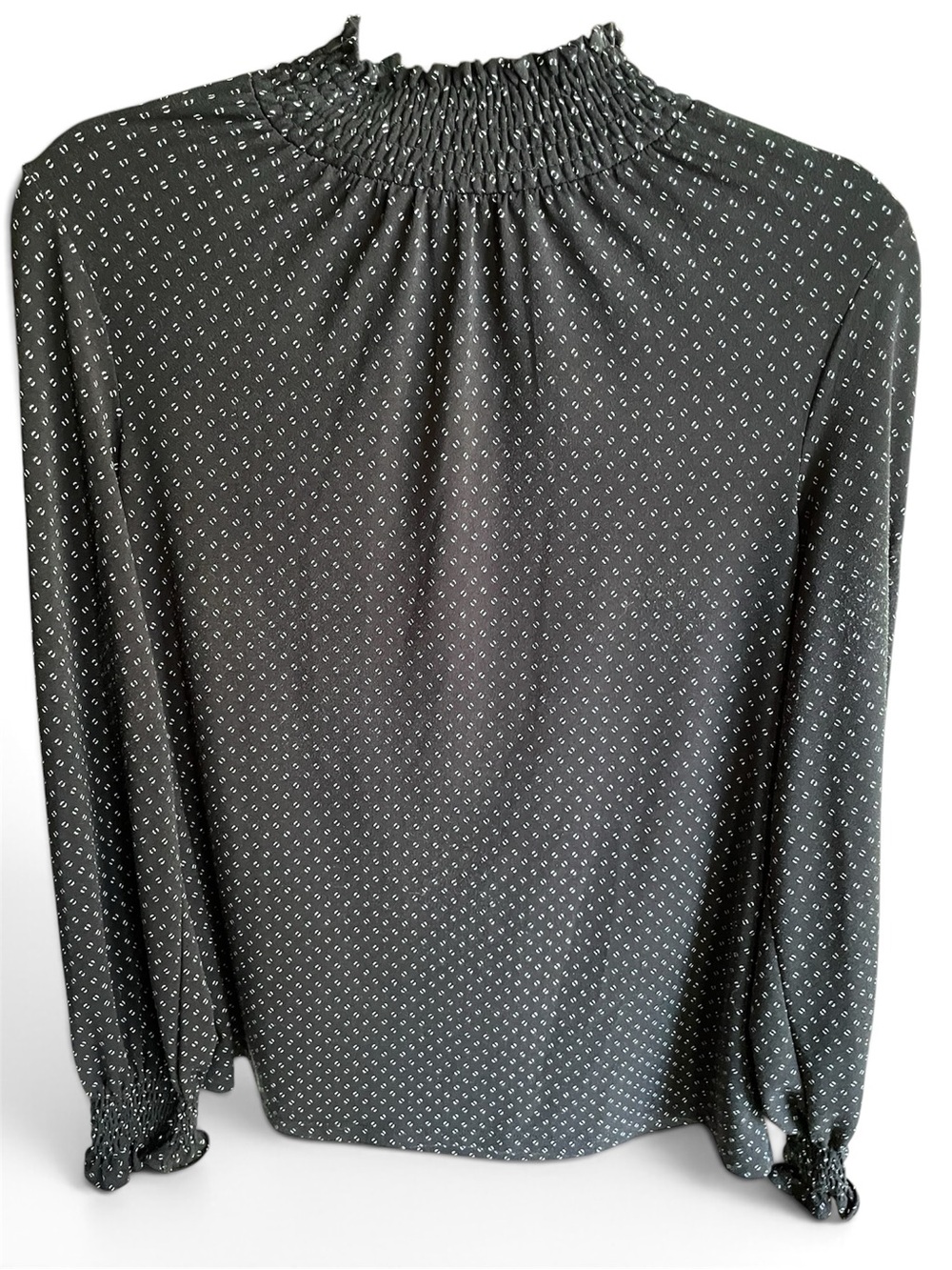 Adrianna Papell Black Smocked-Neck Long Sleeve Blouse with Dot Microprint